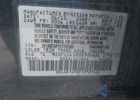 2015 Nissan Sentra Sl z USA, uszkodzony, nr VIN 3N1AB7AP2FY292965